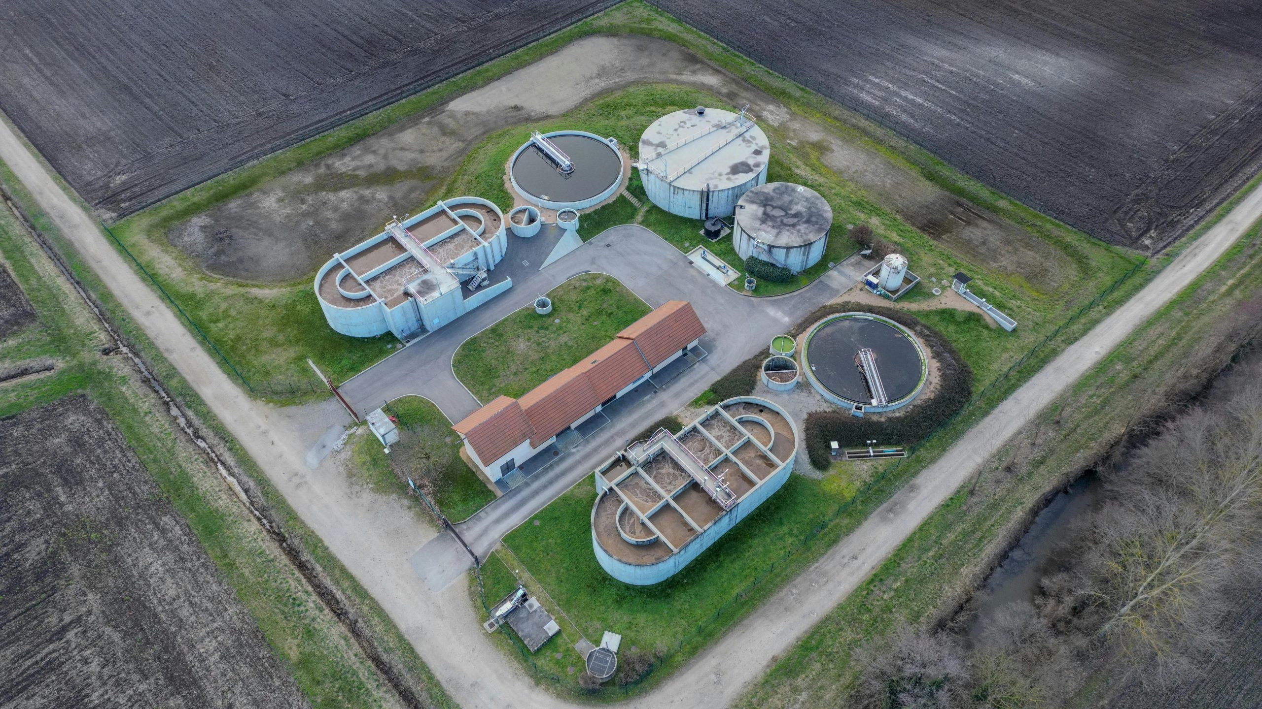 Aerial photo of sewage treatment plant in Saint-Marcel-Bel-Accueil, France.